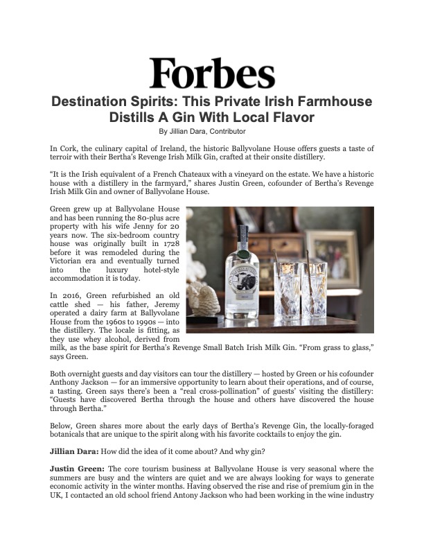 Bertha's Revenge Gin and Ballyvolane House in Forbes Magazine 'Destination Spirits: This Private Irish Farmhouse Distills A Gin With Local Flavor' by Jillian Dara