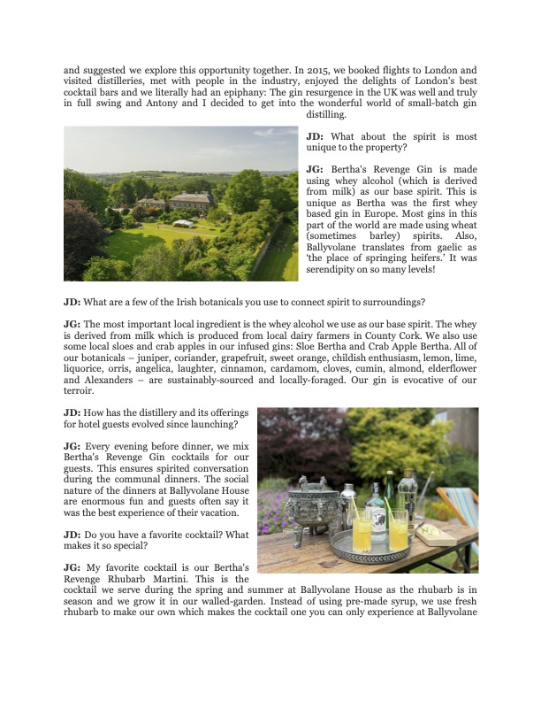 Bertha's Revenge Gin and Ballyvolane House in Forbes Magazine 'Destination Spirits: This Private Irish Farmhouse Distills A Gin With Local Flavor' by Jillian Dara