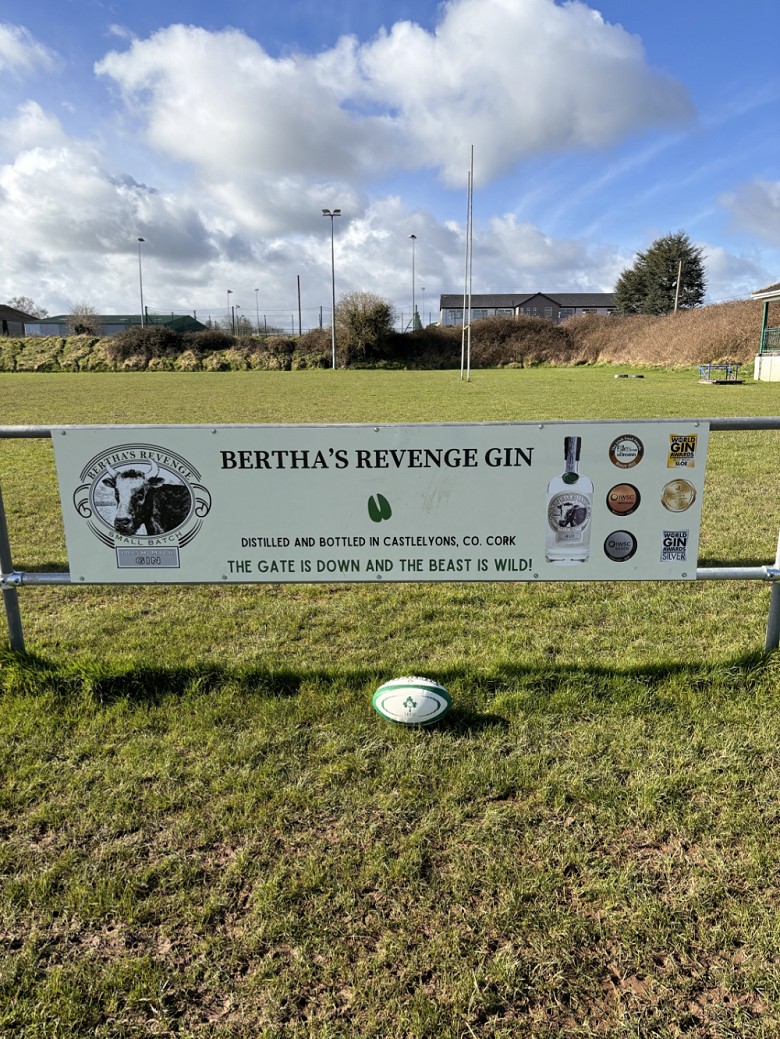 Bertha's Revenge Gin - pitchside sign sponsorship at Fermoy Rugby Club